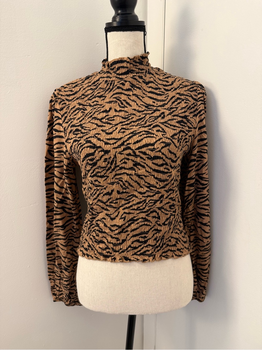 Women’s Long Sleeve Mock Neck Animal Print Top - Brown/Black